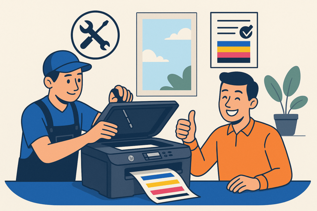 Side-by-side before and after print samples showing improved print quality post-service.