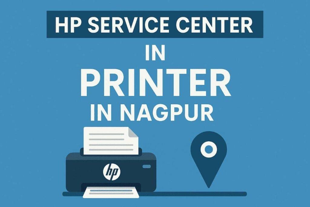 HP authorised service centre poster showing HP logo and contact number at Dhantoli, Nagpur